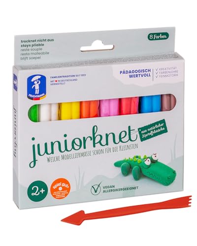 Feuchtmann JUNiORKNET Basic+ | Knetset 8 x 33g Kinderknete in Stangen mit Modellierwerkzeug | vegane und glutenfreie Spielknete | nicht trocknende Knete | ungiftige Modelliermasse für Kinder von Feuchtmann