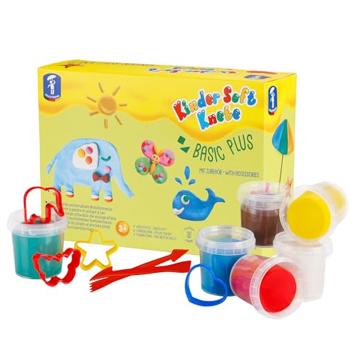 Feuchtmann Kinder Soft KNETE Basic Plus - 6 x 150g weiche Kinderknete mit Zubehör, ungiftig, vegan und glutenfrei, lufttrocknende Knetmasse im Knetset für kreatives Spielen von Feuchtmann