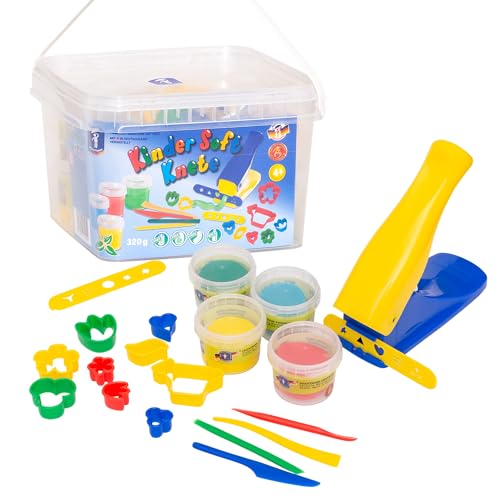 Feuchtmann Kinder Soft KNETE Knetpresse - 4 x 80g weiche Kinderknete, Schablonen, Ausstechformen, Modellierwerkzeuge, vegan und glutenfrei, lufttrocknende Knetmasse im Knetset (ab 3 Jahren) von Feuchtmann