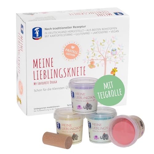 Feuchtmann MEINE LIEBLINGSKNETE Pastell Edition mit Teigrolle - Knetset 4x150g, vegane glutenfreie Knete, Kinderknete ungiftig, Spielknete für kreatives Spielen von Feuchtmann
