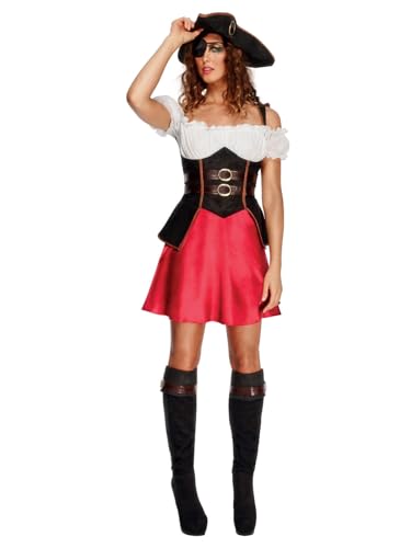 Fever Damen Piratin Kostüm, Kleid mit Unterrock, Hut und Stiefelüberzieher,schwarz/rot/weiss Größe: L von Smiffys