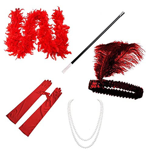 5 Stück 1920s Kostüm Damen Flapper Showgirl Accessoires Set 20er Jahre Halloween Kostümzubehör Inklusive Stirnband Halskette Federschal Handschuhe Zigarettenhalter Set Rot von Feynman