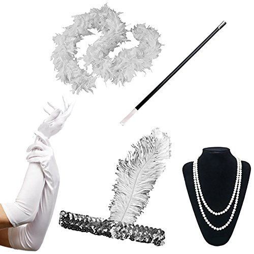 Feynman 1920er Jahre Zubehör Set, 20er Jahre Accessoires Gatsby Handheld Requisiten, Kopfbedeckung, Langen schwarzen Handschuhen, Halskette, Stück Schwarze Federboa Feynman 1920er Jahre Zubehör Set, 20er Jahre Accessoires Gatsby Handheld Requisiten, Kopfbedeckung, Langen schwarzen Handschuhen, Halskette, Stück Schwarze Federboa von Feynman