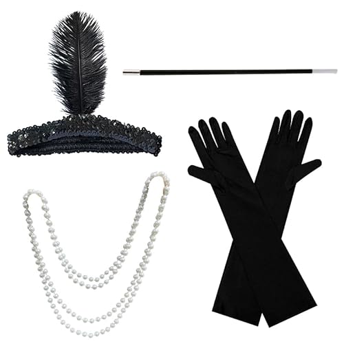 Feynman 1920er Jahre Zubehör Set, 20er Jahre Accessoires Gatsby Handheld Requisiten, Kopfbedeckung, Langen schwarzen Handschuhen, Halskette, Stück Schwarze Federboa Feynman 1920er Jahre Zubehör Set, 20er Jahre Accessoires Gatsby Handheld Requisiten, Kopfbedeckung, Langen schwarzen Handschuhen, Halskette, Stück Schwarze Federboa von Feynman