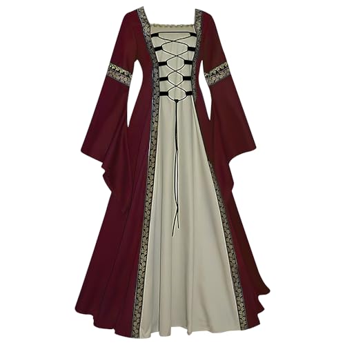 Feynman Damen Mittelalterliche Kleid mit Trompetenärmel, Mittelalter Viktorianischen Königin Kleider Renaissance Gotisch Maxikleid Karneval Halloween Party Prinzessin Kostüm Weinrot XXL von Feynman