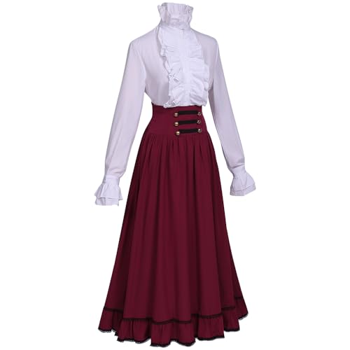 Feynman Elegantes französisches Wickelkleid mit gerüschten Ärmeln, mittelalterlicher Stil Damen-Kostüm (Bluse + hohe Taille Vintage Rock), Business Casual Büro Set, Midirock Outfit von Feynman