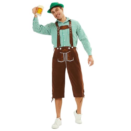 Oktoberfest Kostüm für Männer, Sraditional Trousers, Original Bayerische Trachtenhose Herren mit Stickerei (Schwarz/Braun) + Trachtenhemd (Rot/Grün/schwarz), Oktoberfest herren outfit, Lederoptik von Feynman