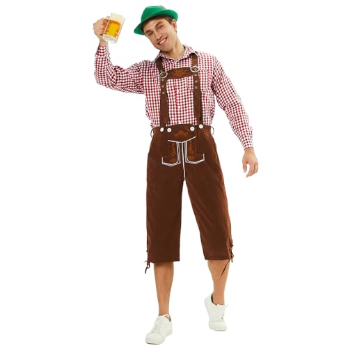 Oktoberfest Kostüm für Männer, Sraditional Trousers, Original Bayerische Trachtenhose Herren mit Stickerei (Schwarz/Braun) + Trachtenhemd (Rot/Grün/schwarz), Oktoberfest herren outfit, Lederoptik von Feynman