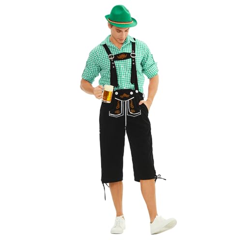 Oktoberfest Kostüm für Männer, Sraditional Trousers, Original Bayerische Trachtenhose Herren mit Stickerei (Schwarz/Braun) + Trachtenhemd (Rot/Grün/schwarz), Oktoberfest herren outfit, Lederoptik von Feynman