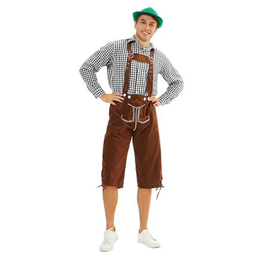 Oktoberfest Kostüm für Männer, Sraditional Trousers, Original Bayerische Trachtenhose Herren mit Stickerei (Schwarz/Braun) + Trachtenhemd (Rot/Grün/schwarz), Oktoberfest herren outfit, Lederoptik von Feynman