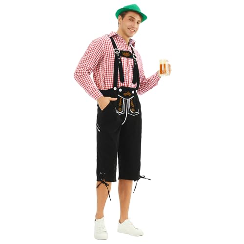 Oktoberfest Kostüm für Männer, Sraditional Trousers, Original Bayerische Trachtenhose Herren mit Stickerei (Schwarz/Braun) + Trachtenhemd (Rot/Grün/schwarz), Oktoberfest herren outfit, Lederoptik von Feynman