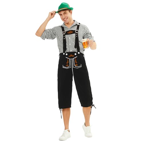 Oktoberfest Kostüm für Männer, Sraditional Trousers, Original Bayerische Trachtenhose Herren mit Stickerei (Schwarz/Braun) + Trachtenhemd (Rot/Grün/schwarz), Oktoberfest herren outfit, Lederoptik von Feynman
