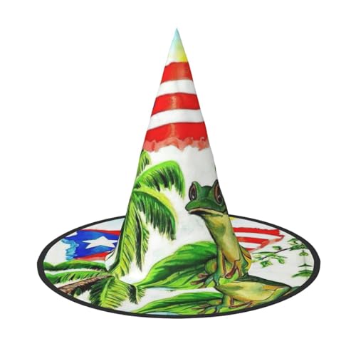 Puerto Rico-Flagge, Frosch, Palmen, Halloween, Hexenhut, Halloween-Kostüme für Damen und Herren, Hexenhüte Puerto Rico-Flagge, Frosch, Palmen, Halloween, Hexenhut, Halloween-Kostüme für Damen und Herren, Hexenhüte von Fgwaauh