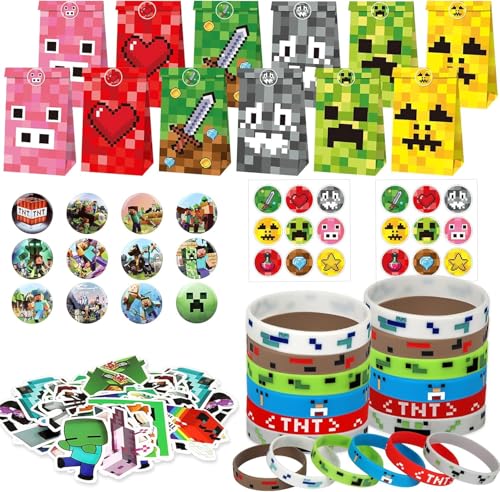 Miner Videospiel Party Mitgebsel, 86 Stck Kindergeburtstag Junge mit Partytüten Silikon Armband Knopfnadeln Aufkleber Give Away Gastgeschenk für Kinder Miner Videospiel Party Mitgebsel, 86 Stck Kindergeburtstag Junge mit Partytüten Silikon Armband Knopfnadeln Aufkleber Give Away Gastgeschenk für Kinder von Fhintory