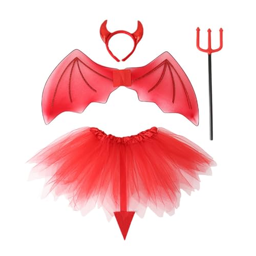 Fhkpsqkcn 4PCS Devil Costumes Set Mit Horn Stirnbändern Teufel Flügel Tutus Und Pitchgabeln Für Halloween Cosplays Outfit Accessitorise von Fhkpsqkcn