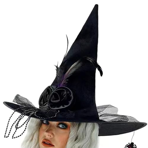 Fhkpsqkcn Halloween Hexenhut Mit Tulle Federed Party Wizard Unisex Spected Witch Caps Erwachsene Kinder Cosplay Kostüm Kopfbedeckung von Fhkpsqkcn