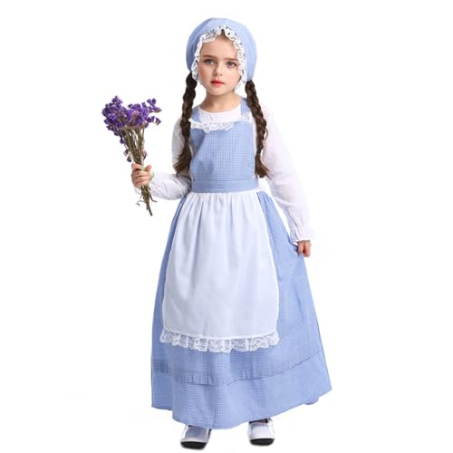 Fhkpsqkcn Kinder Girls Pioneers Girl Kostüm Pastoral Farm Kostüme Kolonialprärien Kleid Schürze Und Motorhaube von Fhkpsqkcn