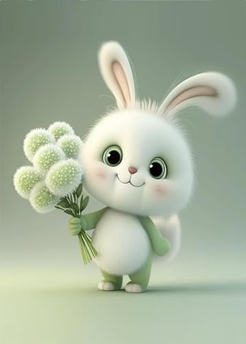 Weißes Kaninchen mit Blumenstrauß – 15000-teiliges Holzpuzzle – Erwachsenenspiel, Familienpuzzle, Geschenk von FiXizy