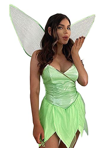 Fiacafyo Damen Waldfee Kostüm Glitzer Bodycon Minikleid mit Schmetterlingsflügeln für Halloween Motto Cosplay Party Dress Up (A-Grün, S) von Fiacafyo