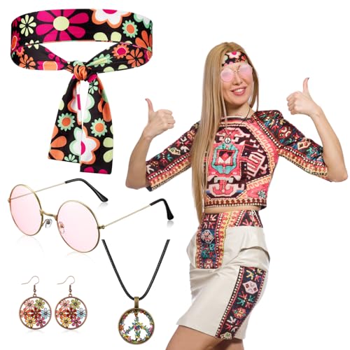 Fiada 4 Stück Hippie Accessoires Hippie Kostüm Set 60er 70er Jahre Damen Retro Zubehör mit Haarschmuck Farbiges Band Sonnenbrille Peace Zeichen Halskette für Disco Party Nachtclub von Fiada