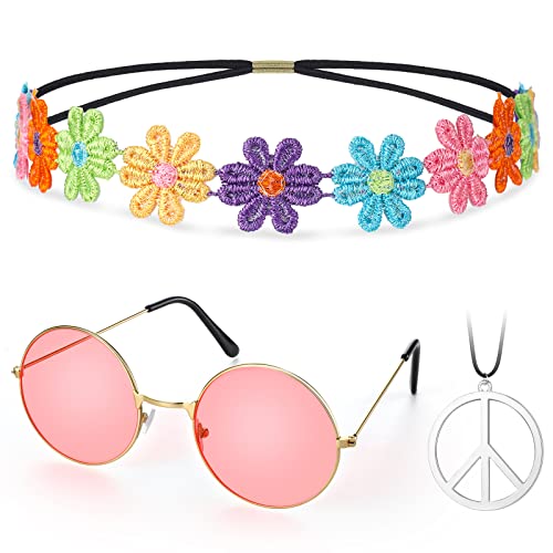 Hippie Kostüm Set 60er Runde Brille Frieden Zeichen Halskette Gänseblümchen Sonnenblumen Stirnband Hippie Accessoires für Damen Herren Verkleidung Hippie Party Zubehör (Rosa, Bunt) Hippie Kostüm Set 60er Runde Brille Frieden Zeichen Halskette Gänseblümchen Sonnenblumen Stirnband Hippie Accessoires für Damen Herren Verkleidung Hippie Party Zubehör (Rosa, Bunt) von Fiada