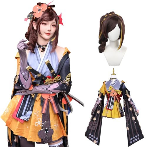 Fiamll Chiori Cosplay Kenshin Chiori Kostüm Cosplay Chiori Outfit Gelb Kostüm Full Set Karneval mit Perücken L von Fiamll