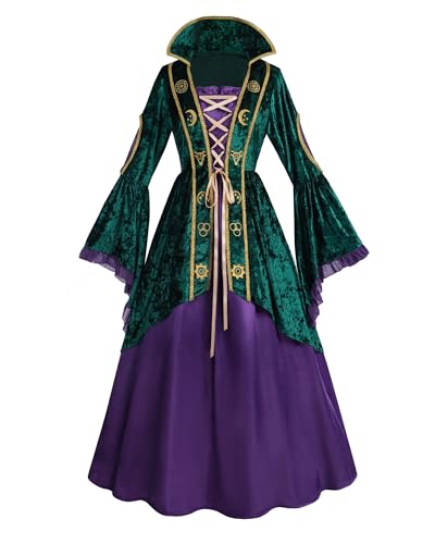 Fiamll Damen Kostüm Hexenkleid Grün Cosplay Langkleid mit Samt Look für Halloween Karneval Verkleidung, Vintage Stil mit Puffärmeln, Schleifen & Spitzen, Elegantes Hexen Kleid, M von Fiamll
