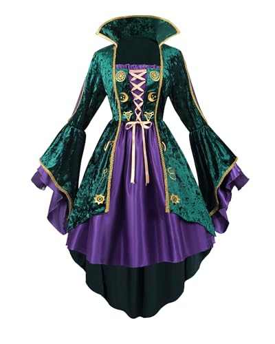 Fiamll Damen Kostüm Hexenkleid Grün Cosplay Minikleid mit Samt Look für Halloween Karneval Verkleidung, Vintage Stil mit Puffärmeln und Schleifen, Kurz Kleid,XXL von Fiamll