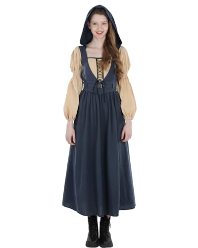 Fiamll Damen Mittelalter Kleid mit Kapuze Vintage Cosplay Kleider mit Gürtel, Langarm Renaissance Kleid für LARP Fasching, Halloween, XXL Fiamll Damen Mittelalter Kleid mit Kapuze Vintage Cosplay Kleider mit Gürtel, Langarm Renaissance Kleid für LARP Fasching, Halloween, XXL von Fiamll