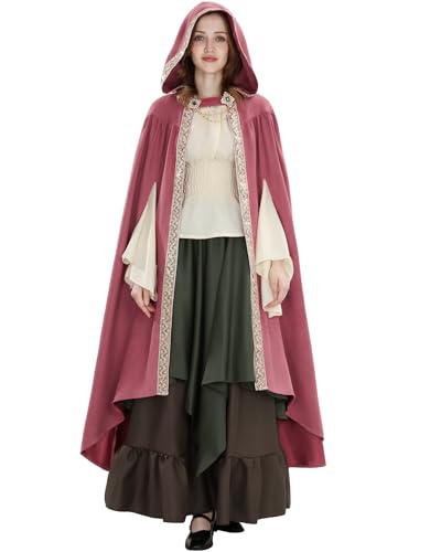 Fiamll Mittelalter Umhang Damen Kapuze Mantel mit Manschette Einfarbige Trenchcoat Renaissance Vampir Umhang Cape Karneval Kostüm Rosa M von Fiamll