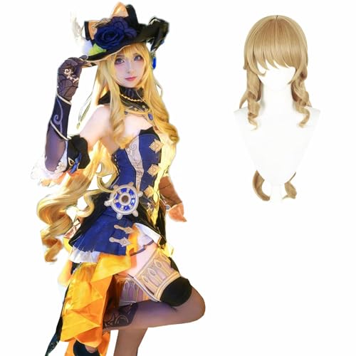 Fiamll Navia Cosplay Genshin Navia Kostüm Outfit Charaktere Uniform Kleid Navia Hut Full Set Halloween mit Perücken XL von Fiamll