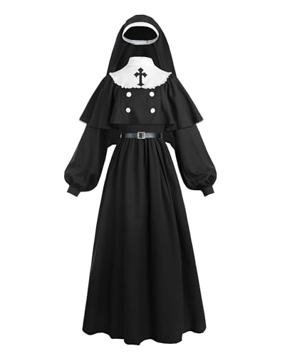 Fiamll Nonne Kostüm Damen Nonnen Outfit Kleid Halloween Karneval Cosplay Nonnen Kostüm 5-Teiliges Set L von Fiamll