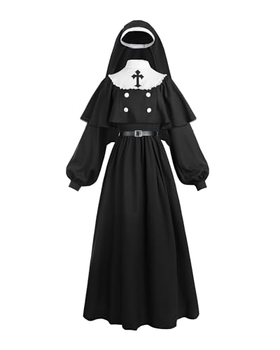 Fiamll Nonnenkostüm Damen mit abnehmbarem Umhang, Nonnenhaube und Gürtel - Langes Schwarzes Nonnenkleid für Halloween, Karneval, Cosplay XXL von Fiamll