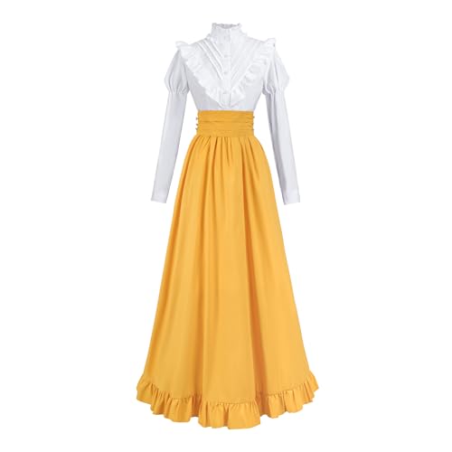 Fiamll Renaissance Kleid Damen Mittelalter Renaissance Kostüm Vintage Viktorianisches Kleid Ballkleid Victorian Bluse mit Renaissance Maxirock Gelb M von Fiamll