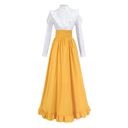 Fiamll Renaissance Kleid Damen Mittelalter Renaissance Kostüm Vintage Viktorianisches Kleid Ballkleid Victorian Bluse mit Renaissance Maxirock Gelb XXL von Fiamll