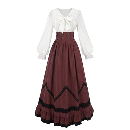 Fiamll mittelalter kostüm damen viktorianisches kleid renaissance kleid damen 1900er Renaissance Kostüm Mittelalter Vintage Rock Viktorianische Bluse Set, Weinrot, XXL von Fiamll