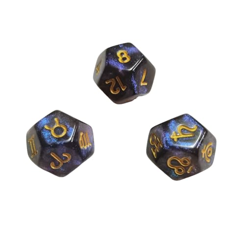 Fiauli 12-seitige Würfelspielzeug-Astrologie-Leitlinien Set 3pcs zwölf Konstellationszeichen Zodiac Glitter Acryl Lucky Tarot Cards Spiel Wahrsage Schwarz Blau von Fiauli