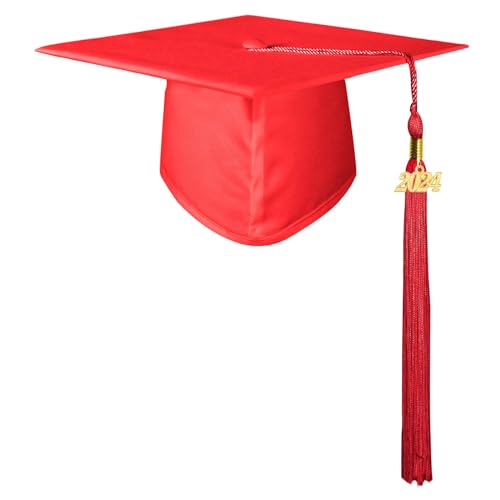 Fiauli Abschlusshut mit Quaste 2024, Polyester, einfarbig, für Abschlussfeiern, Rot von Fiauli