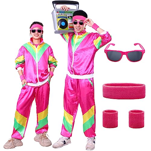 Ficlwigkis 80er 90er Jahre Outfit Damen Herren,6Pcs Rosa 80er 90er Jahre Kostüm Damen Retro 80er 90er Anzug mit Stirnband Armbänder Brille für Karneval (Rosa, M) von Ficlwigkis