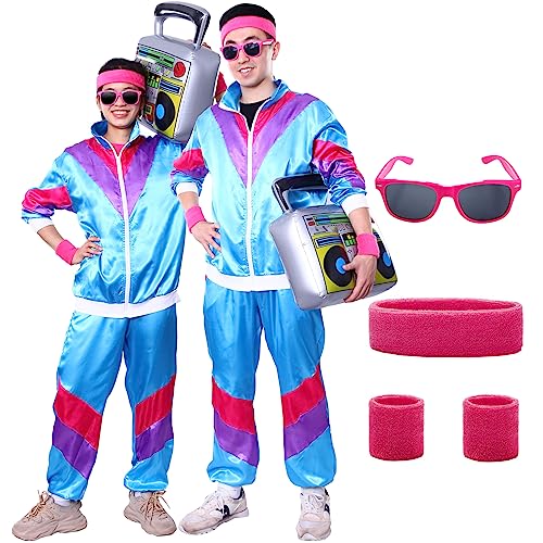 Ficlwigkis 80er 90er Jahre Outfit Herren Damen,6Pcs Blau Karneval Kostüm Trainingsanzug Retro Anzug mit Stirnband Armbänder Brille für Karneval (Blau, L) von Ficlwigkis