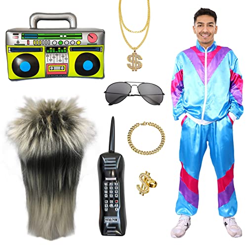 Ficlwigkis 80er 90er Jahre Outfit Herren Damen,8Pcs Blau Karneval Kostüm Trainingsanzug Retro Anzug mit Perücke Sonnenbrille Halskette Ring Ballon für Karneval (Blau/8Pcs, L) von Ficlwigkis
