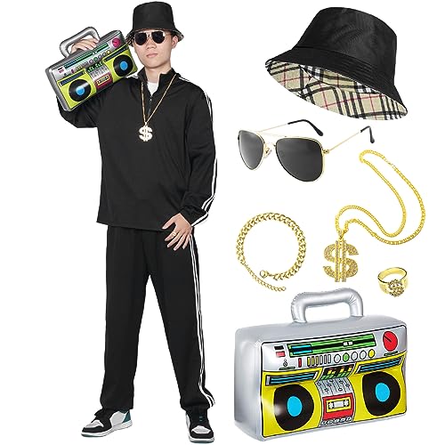 Ficlwigkis 80er 90er Jahre Outfit Herren Damen,8Pcs Schwarz Karneval Kostüm mit Hut Sonnenbrille Halskette Armband Ballon Trainingsanzug Retro Anzug für Karneval Hip-Hop Party (Schwarz, S) von Ficlwigkis