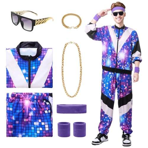 Ficlwigkis 80er 90er Jahre Outfit Herren Damen,Disco Outfit Bad Taste Outfit Retro Trainingsanzug Herren Damen Jogginganzug mit Stirnband Armbänder Halsketten Armband Brille für Karneval (Blau, S) von Ficlwigkis