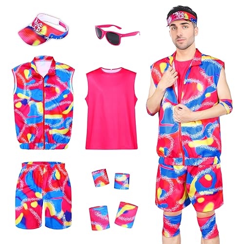 Ficlwigkis 80er 90er Jahre Outfit Kostüm Herren mit Weste Shorts Hippie Disco Hawaiian Party Kostüm Anzüge für Karneval Halloween Kostüm Herren (Rosa, 2XL) von Ficlwigkis