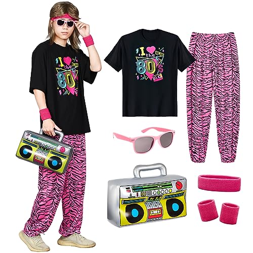 Ficlwigkis 80er 90er Jahre Outfit Herren,Karneval Faschingskostüme 80s Kostüm mit Stirnband Armbänder Brille Aufblasbare Ghettoblaster für Karneval Bad Taste Party (Pink/Schwarz, S) von Ficlwigkis