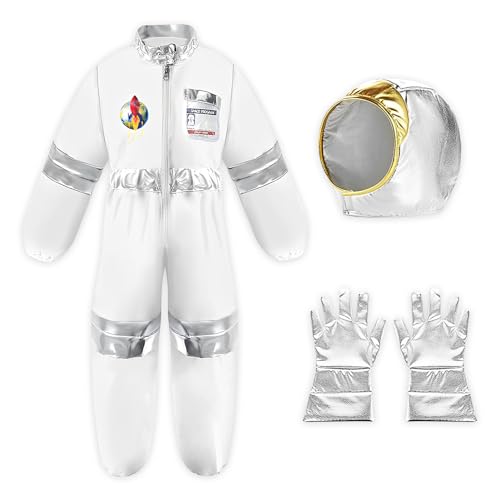 Ficlwigkis Astronaut Kostüm,Space Weltall Kostüm,Weltall Kostüm mit Helm und Handschuhe,Space Kostüm Rollenspiel für Karneval Halloween Kostüm Space Jumpsuit (Weiß, 120) von Ficlwigkis