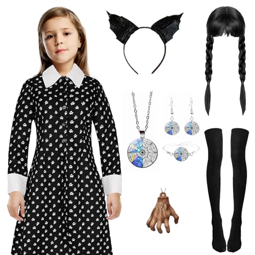 Ficlwigkis Black Dress Welttag Kostüme für Mädchen mit Perücke, Halskette, Ohrring-Zubehör für Welttag des Buches, Halloween-Kostüm, Mädchen (Stil 1, 110) von Ficlwigkis