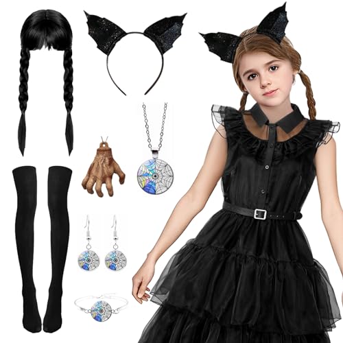 Ficlwigkis Black Dress Welttag Kostüme für Mädchen mit Perücke, Halskette, Ohrring-Zubehör für Welttag des Buches, Halloween-Kostüm, Mädchen (Stil 2, 110) von Ficlwigkis