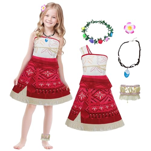 Ficlwigkis Vaiana Kostüm Kinder Mädche,Moana Kostüm mit Kette Blumenkrone Haarspange Fußkette,Prinzessinnenkleider für Karneval Faschingskostüme Kinder Vaiana Mädchen (Rot, 120) von Ficlwigkis