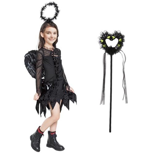Ficlwigkis Halloween Schwarzer Engel Kostüm Kinder Engelsflügel Schwarz 4 PCS,Engelskostüm Schwarzer Rock Halloween teufel zauberstab kinder Kostüm (L) von Ficlwigkis